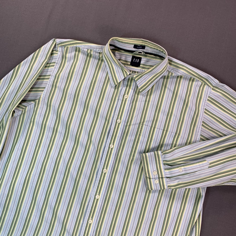 Gap Shirt Mens 2XL Green Blue Stripe Classic Fit Long Sleeve Button Cotton